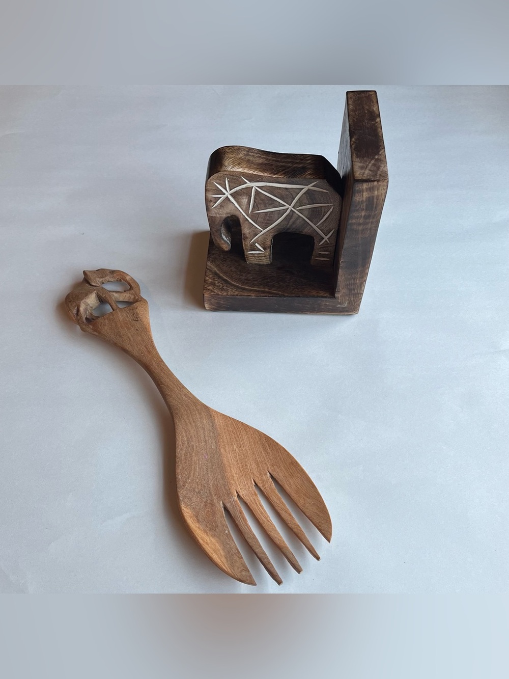 Vintage Wood Elephant Themed Decor Bundle of 2 Wall Fork Bookend